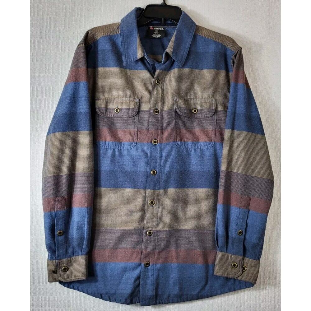Sherpa Adventure Gear Long Sleeve Button-Up Shirt Men's Large Brown Blue UPF 50+